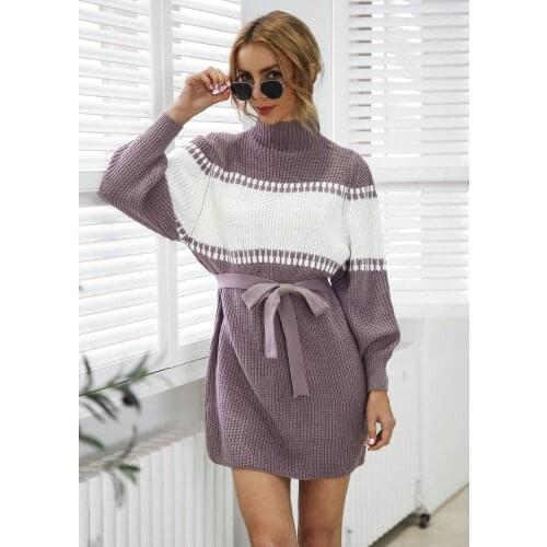 Autumn Winter Lantern Long Sleeve Sweater Dress Women Turtleneck Patchwork Sashes Mini Knitted Dress Vestidos De Mujer Casual