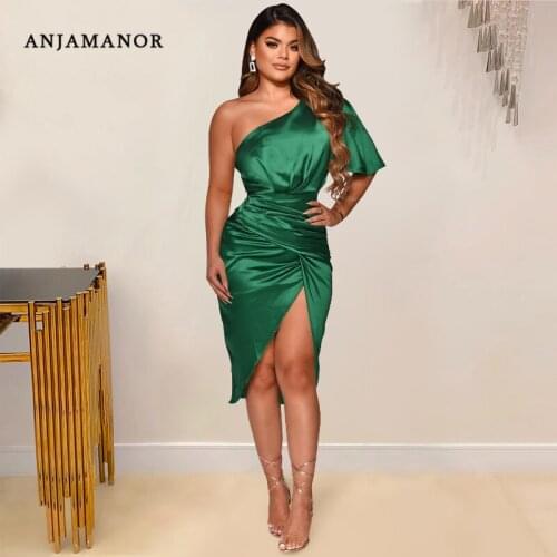ANJAMANOR Elegant Sexy Evening Cocktail Dresses for Women 2021 Party Clubwear One Shoulder Split Bodycon Midi Dress D42-DA34