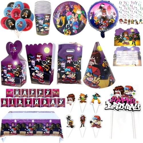 133pcs/lot Friday Night Funkin Balloons Swirls Birthday Party Plates Cups Cake Decorations Flags Candy Box Tablecloth Loot Bags