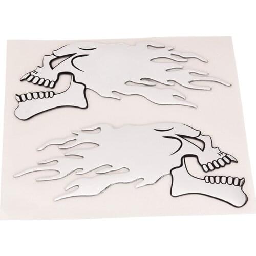 2Pcs 3D Chrome Ghost Skull Head Auto Motorcycle Car Sticker Emblem Decals For Haley Honda Suzuki 5.71*2.17in