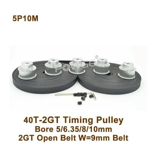 5pcs 40 Teeth 2GT Timing Pulley Bore 5/6.35/8/10mm + 10M GT2 Synchronous Belt W=9mm 40T 40Teeth GT2 Timing Belt Pulley 40-GT2
