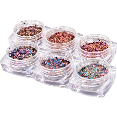 6 Color Glitter Nail Art Acrylic Nails Powder, Mixed Polish Chunky Sequins Iridescent Flakes Ultra-thin Paillette Sparkles sets