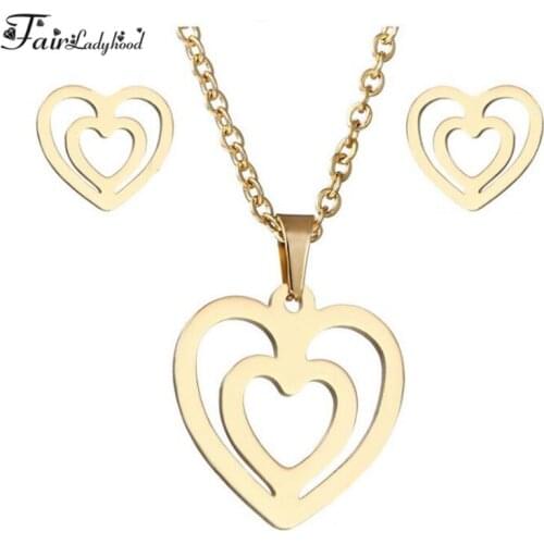 Fairladyhood Double Heart Sweater Chain Necklace and Cute ouble Heart Earrings Custom Stainless Steel Girl Jewelry Set