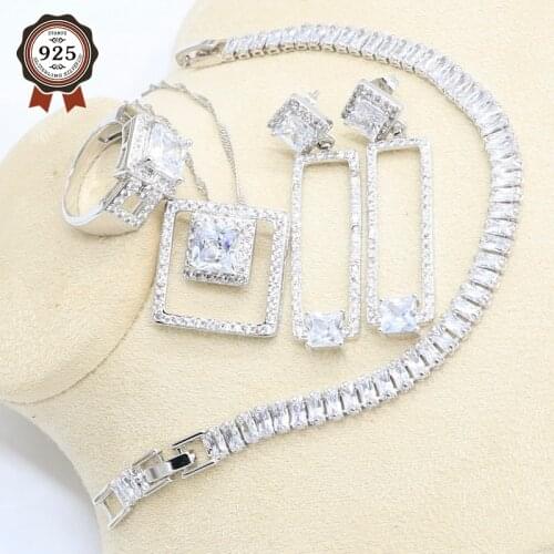 Geometric White Zircon Silver Color Bridal Jewelry Set for Women Bracelet Long Earring Necklace Pendant Ring Gift Box