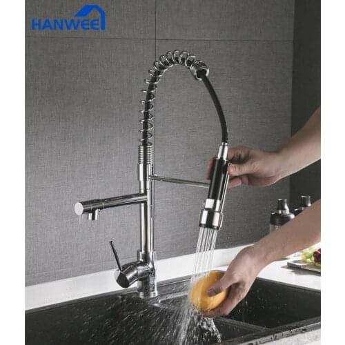 HANWEE Chrome Spring Pull Down Kitchen Faucet Dual Outlet Spouts 360 Swivel Handheld Shower Kitchen Mixer Crane Hot Cold Taps