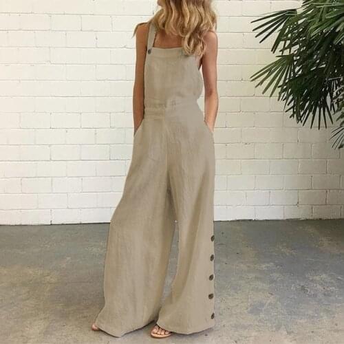 Summer Women Solid Jumpsuits Fashion Sleeveless Backless Strap Bodysuit Elegant Casual Button Pockets Cotton and Linen Playsuits