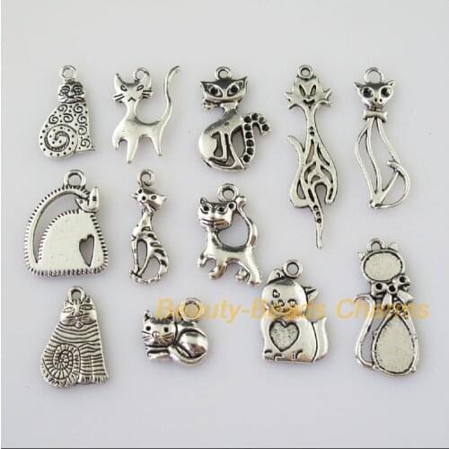 Fashion 24Pcs Antiqued Silver Color DIY/Animal Cat Mixed Charms Pendants