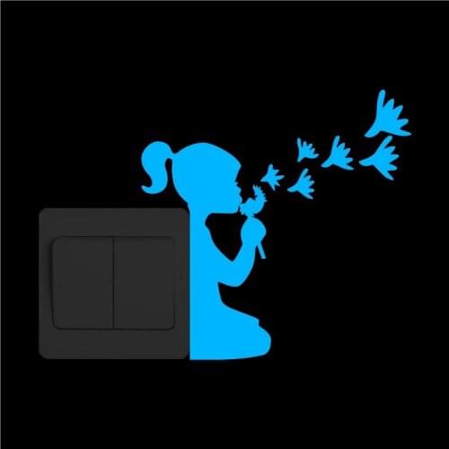 Girl Blow Dandelions Switch Sticker Glow in the Dark Wall Sticker Funny Cartoon Luminous Decal for Kids Rooms Bedroom Home Decor
