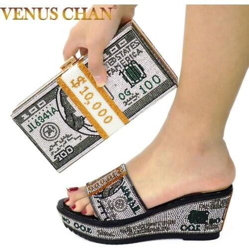 New Arrival Nigerian Fashion Italian Design Black Color Crystal Style Elegant Party High Heels Women Shoes and Bag Set