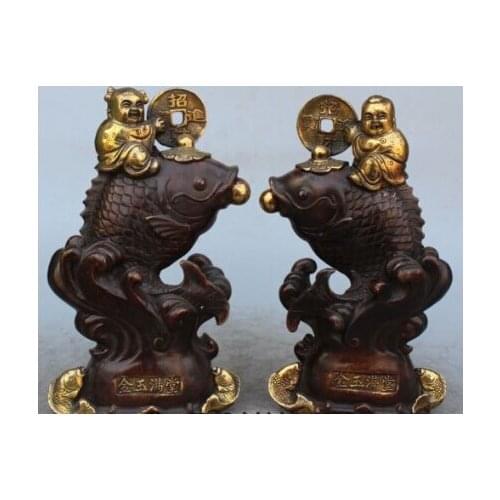 RHS0200 9" Chinese Bronze Gilt Money Wealth Rich Lad Boy Girl Garr Ride Fish Statue Pair