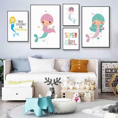 Mermaid Art Print Nursery Wall Art Pictures Cartoon Canvas Paintings In The Bedroom Posters and Prints Baby Girl Room Home Decor