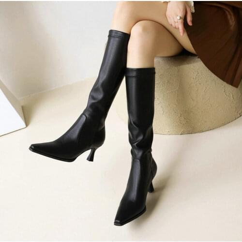 Ladies Fashion Popularly Zipper Spring Autumn Knee High Boots Square Toe Womens Shoes Winter Simple PU Alien Heel Long Boots