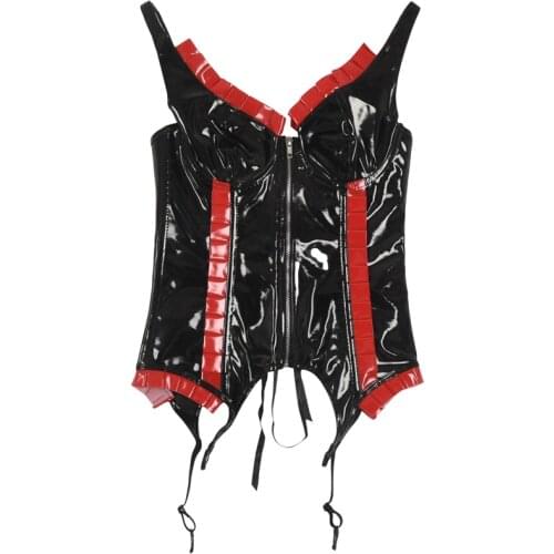 Sexy Black Red Ruffles PVC Latex Corset Panty Thong Set New XL