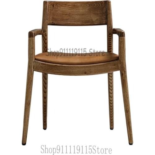 Nordic Vintage Solid Wood Dining Chair American Simple Leather Cushion Armchair Dining Room Study Bedroom Office Chair