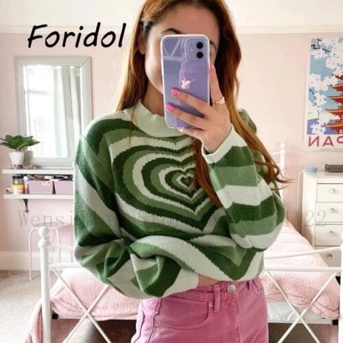 Vintage Heart Print Y2K Loose Sweaters Harajuku Autumn Aesthetic Cute Pullovers Fashion Retro Chic Knitwear 90s Cute But Psycho