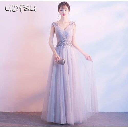 UDFSU Women V-Neck Vintage Tulle Evening Dresses Off Shoulder Appliques Bridemaid Long Gowns Backless Slim Fit A-Line Dress