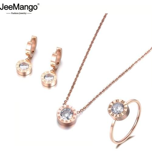 JeeMango Classic Round 2Ct Cubic Zirconia Pendant Necklace Earrings Ring Jewelry Sets Titanium Steel For Valentines Day JSE007R