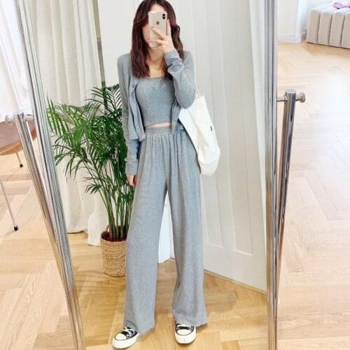Women 2021 Summer Casual 3pc Pant Suits Sporting Crop Top&Shirt Cardigan&Wide Leg Pants Suits Tracksuit Three Pieces Sets Y779