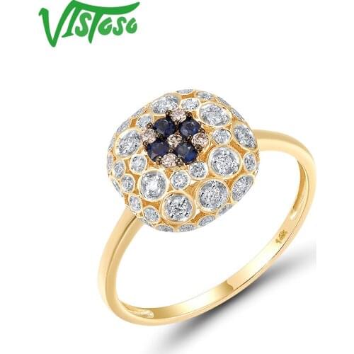 VISTOSO Gold Ring For Women Authentic14K 585 Yellow Gold Sparkling Blue Sapphire Diamond Round Ring Luxury Dazzling Fine Jewelry