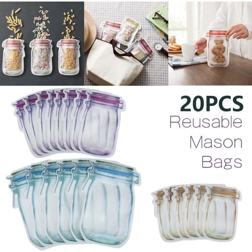 20/10Pcs Portable Mason Jar Bags Reusable Seal Food Saver Storage Bags Organizer Nuts Candy Cookies Snack Sandwich Ziplock Bags