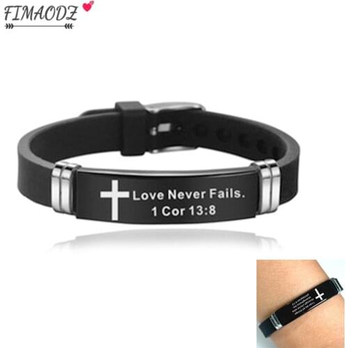 FIMAODZ Bible Verse Cross Bracelet Jesus Scripture Christian Faith Stainless Steel Bracelet Silicone Wristband For Men Women