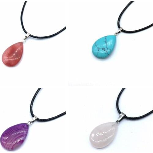 13 Colors Natural Stone Bead Drop Pendant Necklace With Black Wire Cord 18x25 mm Carnelian Lava Opal Jaspers etc