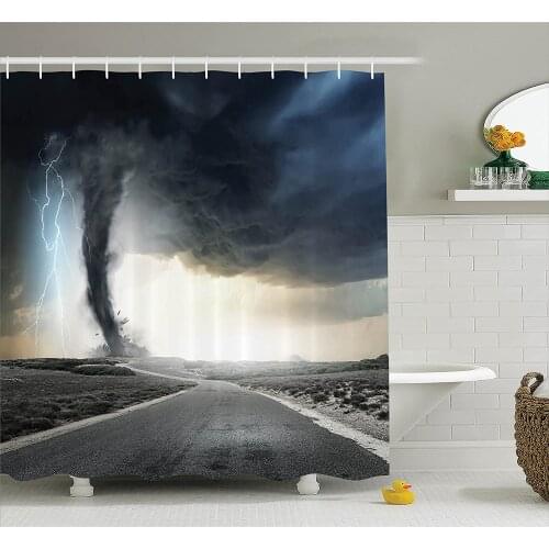 Lake House Shower Curtain Black Tornado Funnel Gas and Lightning Rolling On The Road Fume Disaster Monochrome Bathroom Curtains