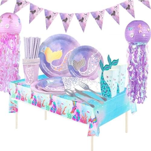 Little Mermaid Supplies Mermaid Tail Disposable Tableware paper Cup Plate Kids Girl 1st Birthday party Decoration Baby Shower