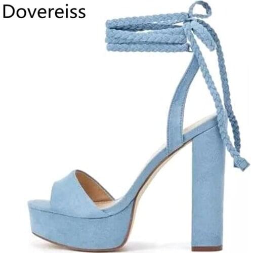 Dovereiss Fashion Womens Shoes Summer New Ankle Strap Pure Color Yellow Mature Cross Tied Narrow Band Sandals 15 cm Big Size 46