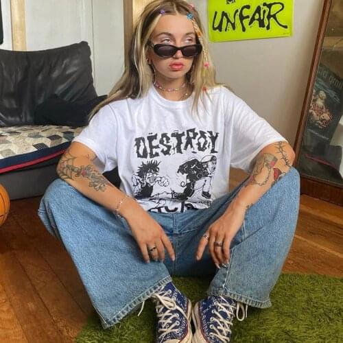 Calelinka Against Racism American Vintage Tshirt For Women White Cotton Short Sleeve Tops Loose 80s 90s Graphic Loose Tees