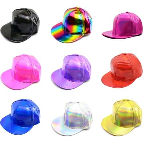 Holographic Faux Leather Baseball Cap Flat-Brimmed Metallic Rainbow Peaked Hat