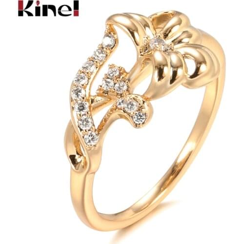 Kinel Fine Jewelry 585 Rose Gold Rose Flower Ring For Women 2021 Natural Zircon Ring Wedding Vintage Jewelry Girls Party Gift