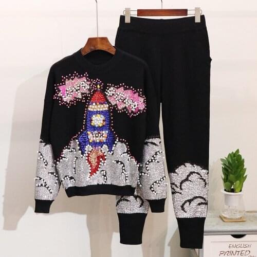 Fashion Loose Black Knitted Tracksuit Women Outfits Manual Beading Sequins Sweater Pants Two Piece Set Female Casual Knit Suit
