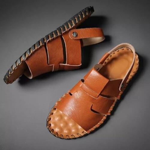Mens Summer Sandals Open Toe Leather Hand Sewn Hollow Sandals Anti Slip Breathable Flat Bottom Dual Purpose Beach Shoes Slipper