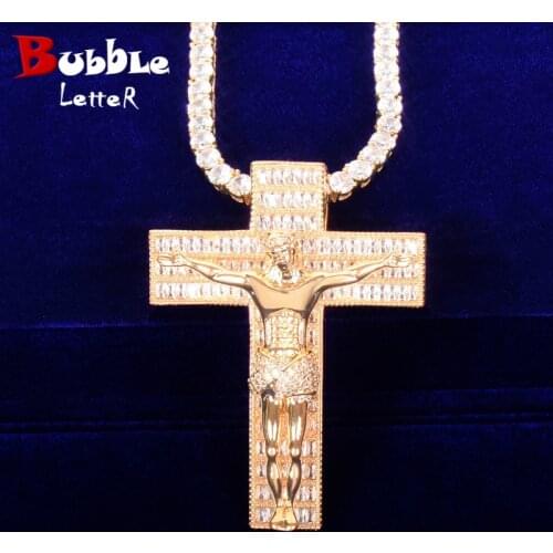 Jesus Cross Pendant Zircon Charm Gold Color Plated Mens Hip Hop Cross Necklace Rock Jewelry