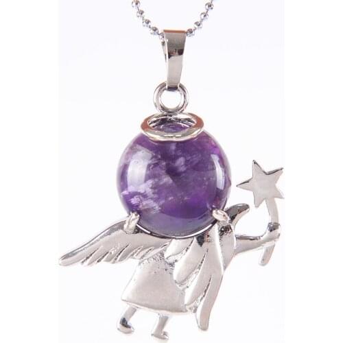 Natural Gem Stone Angel Pendant Round Quartz Beads Peace Pendants for Necklace Women Girls Charm Jewelry Flat Back D631a—D641a