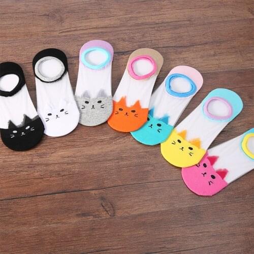 Summer ladies cotton socks cute kitten ice silk invisible boat socks transparent shallow comfortable lace breathable women socks