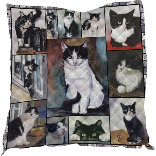 Funny Collage of Cat Breed Printed Quilt Black and White Cat Lover Soft Throw Blanket Bedding Comforters Home Textiles