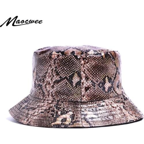 New ladies PU material bucket cap snakeskin fisherman hat Mens casual outdoor travel folding sun hat