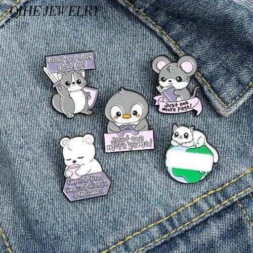 QIHE JEWELRY Animal Quote Enamel Pin Fox Cat Penguin Mouse Polar Bear Badges Funny Letter Game Book Quote Brooches for Women Men