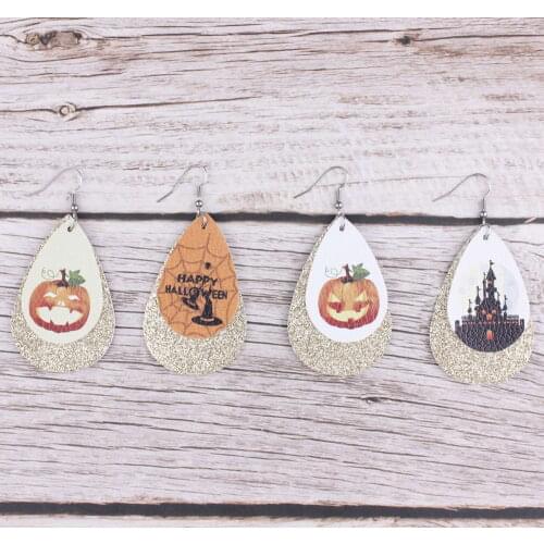 ZWPON Halloween Double Layer Glitter PU Leather Teardrop Drop Earrings Horror Halloween Vegan Leather Drop Earrings for Woman