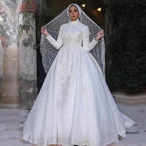 Modest Arabic Muslim High Neck Long Sleeve Appliques Lace Bridal Gowns Robe De Marriage Islamic A Line Satin Wedding Dress 2021