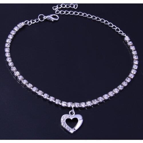 Rhinestone Tennis Chain Foot Jewelry for Women Crystal Heart Anklets Gold Silver Color Tobilleras Mujer Leg Bracelet Christmas