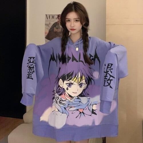 Sweatshirt Female Ins Trend Korean Version of the Dark Harajuku Women Cartoon Anime Print Hooded Pullover Clothing for teens