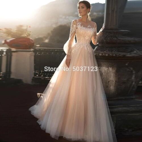 Princess Champagne A Line Wedding Dresses with Puff Sleeves Sheer Scoop neck Lace Appliques Corset Buttons Back Bridal Gowns