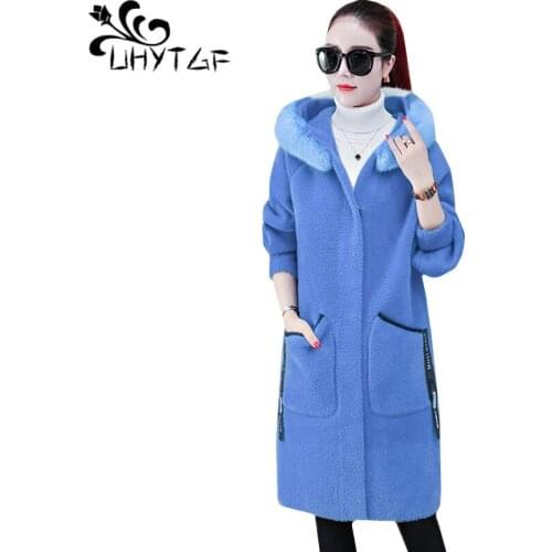 UHYTGF Quality gold Mink Cashmere autumn winter wool coat Fur collar hooded casual plus size tops women woolen coat Genuine 462