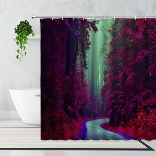 3D Red Dream Forest Tree-Lined Trail Scenery Shower Curtains Autumn Outdoor Landscape Home Decor Background Fabric Bath Curtain
