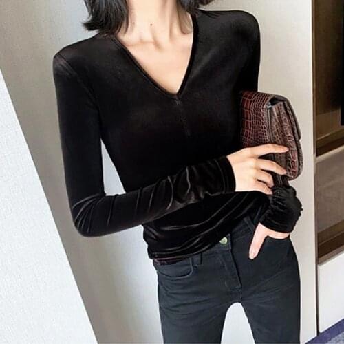2020 Autunm New women sexy V-neck velour shirts,England style office lady elegant velvet winter T-shirt plus size tops M-8XL