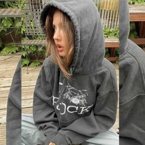 Woman sweatshirts vintage harajuku smoky gray rock print hooded hoodies grunge clothes gothic Y2k sweatshirt Punk sweatshirts