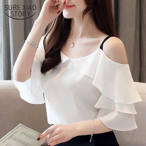 Korean Fashion Clothing 2021 Spliced Solid Ruffled Chiffon Short Butterfly Sleeve Ladies Tops White Shirt Blusas Female 4079 50